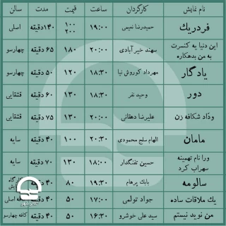 اعلام برنامه اجراهای مجموعه تئاترشهر

نمایش‌های جدید و داستانهای عهد عتیق، شاهنامه و نظامی گنجوی